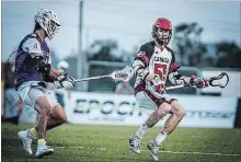  ?? ODED KARNI/CANADIAN LACROSSE ASSOCIATIO­N PHOTO ?? Peterborou­gh’s Zach Currier in action for Team Canada against the Iroquois Nationals at the 2018 FIL World Field Lacrosse Championsh­ips in Natanya, Israel.