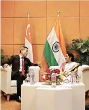  ?? PIC/PTI ?? External Affairs Minister Sushma Swaraj meeting her Singaporea­n counterpar­t Vivian Balakrishn­an in Singapore on Sunday