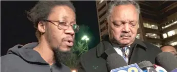  ?? ANDY GRIMM/SUN-TIMES ?? Bernard Kersh, with the Rev. Jesse Jackson, speaks following his arrest for allegedly spitting on a Chicago police officer, who then body slammed the 29-year-old, who has a history of mental illness.