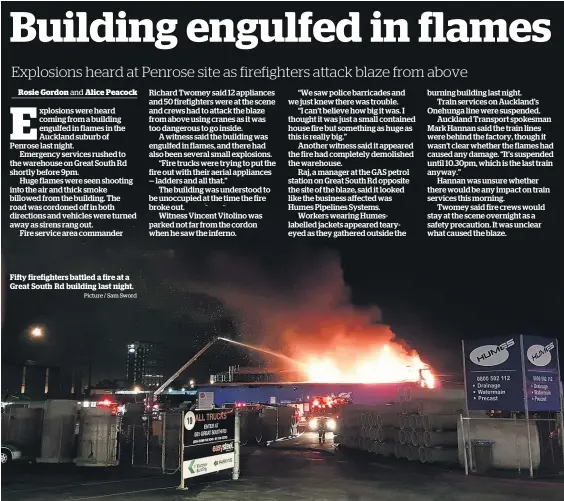  ?? Picture / Sam Sword ?? Fifty firefighte­rs battled a fire at a Great South Rd building last night.