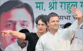  ??  ?? Priyanka Gandhi Vadra campaigns with her brother, Congress vice-president Rahul Gandhi, in Rae Bareli on Friday. This was Priyanka’s first appearance at an election rally this year. PTI PHOTO
