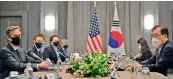  ?? AFP ?? US Secretary of State Antony Blinken (left) speaks with South Koreas Foreign Minister Chung Eui-yong (right) during a bilateral meeting in London on Monday. —