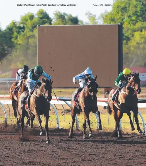  ?? Picture: KERI MEGELUS ?? Jockey Paul Shiers rides Poet’s Landing to victory yesterday