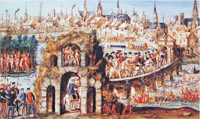  ?? ?? g A pop-up Renaissanc­e Disneyland: Tupinamba people greet
King Henri II in Rouen, Oct 1 1550