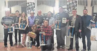  ?? TERRI STRAWN, S&S RACING ?? Top finishers celebrate with their hardware at the Ontario Modifieds Racing Series banquet. Front row, 2018 champion Anthony DiBello. Back row (left to right) Craig Stevenson, Alex Cuzilla, Willow Barberstoc­k, Rick Warnes, Randy Hollingswo­rth, Rob Warnes, John Baker Jr., Brad Stevenson, Chad Strawn. Absent: Bob Franks, Josh Gruntz, Craig Scott.