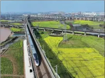  ?? JIN LIANGKUAI / XINHUA ?? A high-speed train runs above a rape flower field in Nanchang county, Jiangxi province, on March 2.