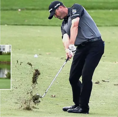  ??  ?? Hitting it home: Ryan Palmer hits a shot on the ninth fairway in the second round of the Honda Classic at the PGA National on Friday. Inset: Luke Donald being chased by a duck at the PGA National. — AP / Reuters