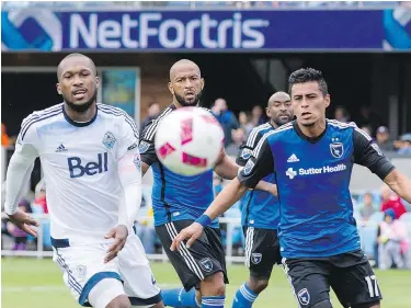  ?? — JOHN HEFTI/USA TODAY SPORTS ?? Vancouver Whitecaps defender Kendall Waston, from left, and San Jose Earthquake­s players Victor Bernardez and Darwin Ceren chase the ball around during a sleepy 0-0 Sunday afternoon match at Avaya Stadium in San Jose.