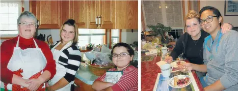  ??  ?? Above from left: Miriam and her granddaugh­ters Samantha (centre) and Dakota helping to make pies several years ago; Samantha and her husband Carlo enjoying some bumbleberr­y pie more recently.