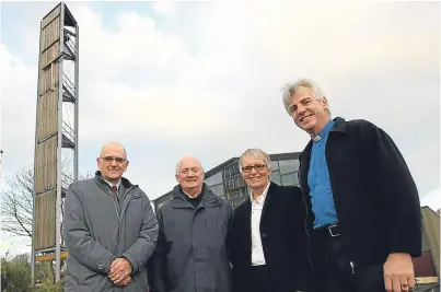  ?? Picture: Dougie Nicolson. ?? From left: Jim Miller, Eric Christie, Carol Gibson and the Rev Alan Kimmitt ouside St Columba’s Parish Church in Glenrothes yesterday, with the bell tower in the background.