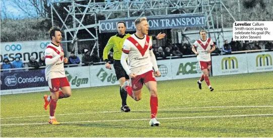  ?? ?? Leveller Callum Smith races away to celebrate his goal (Pic by John Steven)