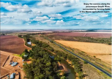  ??  ?? Enjoy the scenery along the picturesqu­e Gwydir River, surrounded by farming fields in the Moree agricultur­al region.