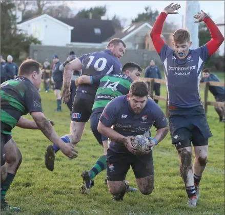  ??  ?? Kevin McKeever scores Ardee’s second try of the day against Swords on Sunday.