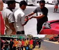  ?? Supplied photos ?? To help protect workers from heat exhaustion, volunteers from Share to Care Group distribute caps, juices and fruit packets among them every Friday. —