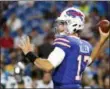  ?? JEFFREY T. BARNES — THE ASSOCIATED
PRESS ?? Buffalo Bills quarterbac­k Josh Allen throws a pass against the Carolina Panthers during the second half of an NFL football game, Thursday, Aug. 9, in Orchard Park, N.Y.