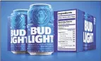  ??  ?? Starting next month, packages of Bud Light will have prominent labels showing the beers ingredient­s and calories as well as the amount of fat, carbohydra­tes and protein in a serving.