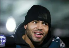  ?? YONG KIM — THE PHILADELPH­IA INQUIRER VIA AP ?? Then-Philadelph­ia Eagles linebacker Mychal Kendricks answers questions during a news conference ahead of the Super Bowl earlier this year.
