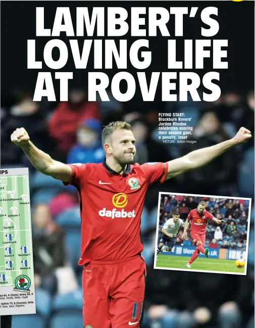  ?? PICTURE: Action Images ?? FLYING START: Blackburn Rovers’ Jordan Rhodes celebrates scoring their second goal, a penalty, inset