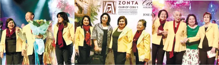  ??  ?? GOLDEN YEARS OF SERVICE AND MUSIC. The Zonta ladies with Jose Mari Chan, from left, Z I-District 17 Area 3 vice area director Stella Bernabe; Zonta Club of Cebu 1 president Isabel “Chabeng” Garcia; past president Tess Chan; Zonta Internatio­nal district...