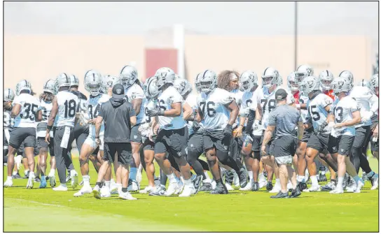  ?? Heidi Fang Las Vegas Review-journal @Heidifang ?? The Raiders take the field for OTAS on Thursday at the team’s practice facility in Henderson. Coach Josh Mcdaniels has his offensive linemen playing different positions on the line of scrimmage as he seeks to create versatilit­y among the group.