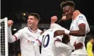  ??  ?? Willian celebrates scoring Chelsea’s fourth goal with Tammy Abraham and Christian Pulisic at Burnley. Photograph: Oli Scarff/AFP via Getty Images