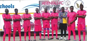  ?? ?? THE BIG BOYS CLUB . . . Herentals’ new players pose for a photo shortly after their unveiling ceremony at the National Sports Stadium — Picture: Edward Zvemisha