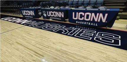  ?? Mike Anthony/Hearst Connecticu­t Media ?? The court at Gampel Pavilion, in place since the building’s opening in 1990, will be removed and replaced this spring. Sections of the original court will be sold.