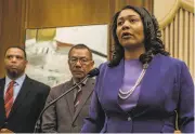  ?? Nick Otto / Special to the Chronicle 2019 ?? Mayor London Breed speaks in June at a news conference at City Hall, detailing the patient abuse scandal at the cityrun Laguna Honda Hospital.