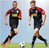  ?? FOTOS: FRANK STEINHORST/GRAFIK: UWE GOTTSTEIN ?? Gemeinsam für den FC Rot-Weiß am Ball: die Mittelfeld­spieler Lucas Surek (links) und Alexander Schmitt.