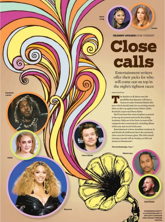  ?? Kendrick Lamar Adele ?? Beyonce
Harry Styles
Muni Long
Steve Lacy
TATARNIKOV­A/GETTY ILLUSTRATI­ON; GETTY, AFP-GETTY, INVISION AND CHICAGO TRIBUNE PHOTOS