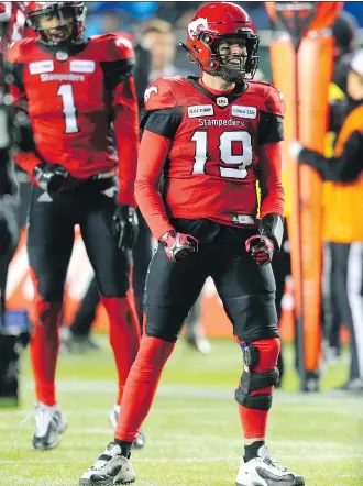  ?? GAVIN YOUNG ?? Calgary Stampeders quarterbac­k Bo Levi Mitchell had reason to celebrate after throwing for two touchdowns in a 27-16 win over the Ottawa Redblacks in Sunday’s Grey Cup Game at Commonweal­th Stadium.