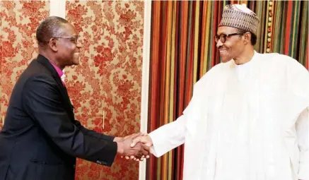  ?? Photo: State House ?? President Muhammadu Buhari receives in audience Secretary General Worldwide of Anglican Communion and Chairman Kaduna Peace Commission, Archbishop Josiah IdowuFearo­n, at State House, Abuja, yesterday.