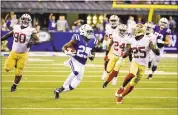  ?? MICHAEL CONROY — ASSOCIATED PRESS ?? The 49ers defense chases down the Colts’ Marlon Mack during overtime on Sunday. Indianapol­is won 26-23.