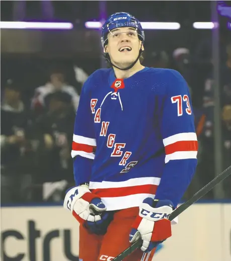  ?? BRUCE BENNETT/GETTY IMAGES ?? Rookie forward Matt Rempe of the New York Rangers had a big impact against the Washington Capitals in Game 1 of their opening-round Stanley Cup playoff series at Madison Square Garden on Sunday. Rempe's goal sparked the Blueshirts to a 4-1 victory.