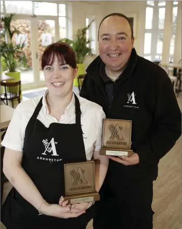  ??  ?? Tanya Hayes and Des White with the awards they won at the Arboretum 40th Birthday and 1st Staff Awards.