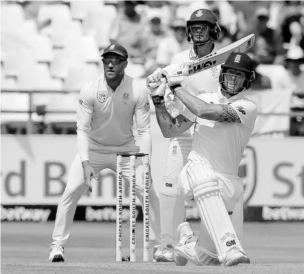  ?? AP ?? England’s batsman Ben Stokes smashes the ball for six during day four of the second cricket Test between South Africa and England at the Newlands Cricket Stadium in Cape Town, South Africa, yesterday.