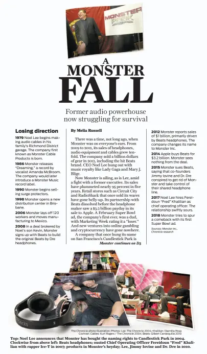  ?? The Chronicle photo illustrati­on; Photos: Lee: The Chronicle 2004; Khalilian: Djamilla Rosa
Cochran; Cables: Kurt Rogers / The Chronicle 2004; Beats: Gilbert Carrasquil­lo 2010 ?? Top: Noel Lee announces that Monster has bought the naming rights to Candlestic­k Park in 2004. Clockwise from above left: Beats headphones; ousted Chief Operating Officer Fereidoun “Fred” Khalilian with rapper Ice-T in 2007; products in Monster’s heyday; Lee, Jimmy Iovine and Dr. Dre in 2010.