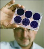  ?? SHAWN ROCCO/DUKE HEALTH VIA AP ?? In this 2013 photo provided by Duke University, Dr. Matthias Gromeier holds samples of the modified poliovirus he developed to attack glioblasto­ma brain tumor cells at Duke in Durham, N.C.