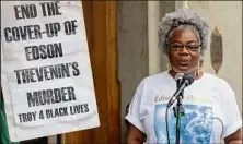  ?? James Franco / Special to the Times Union ?? Gertha Depas, mother of Edson Thevenin, speaks about her son’s death at a rally outside Troy City Hall Thursday.