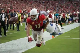  ?? ASSOCIATED PRESS ?? ARIZONA CARDINALS WIDE RECEIVER Larry Fitzgerald (11) can’t make the catch in the end zone as Detroit Lions cornerback Justin Coleman defends during overtime of Sunday’s game in Glendale. The Lions and Cardinals played to a 27-27 tie in overtime.