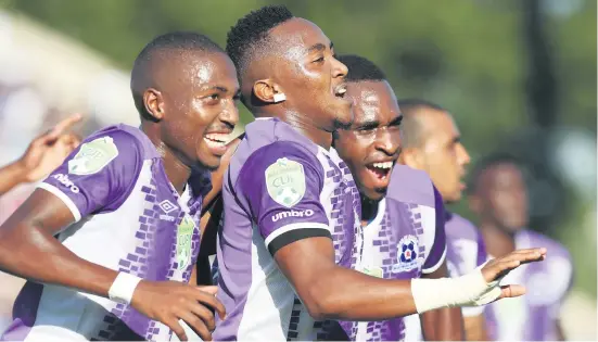  ?? Picture: Backpagepi­x ?? HAPPY TRIO. Lebohang Maboe of Maritzburg United celebrates his goal with team-mates during their Nedbank Cup semifinal against Mamelodi Sundowns at Harry Gwala Stadium yesterday.