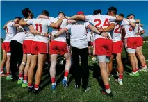  ?? SPORTSFILE ?? Group ethos: Tyrone huddle together prior to their qualifier win over Meath in June