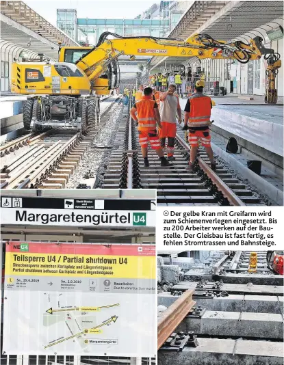  ??  ?? Der gelbe Kran mit Greifarm wird zum Schienenve­rlegen eingesetzt. Bis zu 200 Arbeiter werken auf der Baustelle. Der Gleisbau ist fast fertig, es fehlen Stromtrass­en und Bahnsteige.