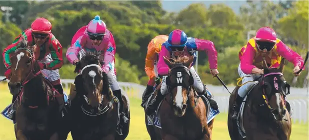  ?? Picture: EVAN MORGAN ?? TIGHT: Valuate with jockey Chris Whiteley (far left) wins the 2YO Classic Prelude at Cluden Park from Dalton, Our Alicia's Lane and Wicked Dancer.