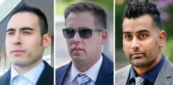  ?? TORONTO STAR ?? Toronto police officers Joshua Cabero, left, Leslie Nyznik and Sameer Kara pleaded not guilty to sexual assault.