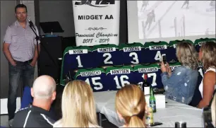  ?? Photo by Matthew Liebenberg ?? Swift Current Broncos Midget AA Head Coach Todd Hornung speaks after formally receiving the SHA Coach of the Year award at the team's season windup, June 9.