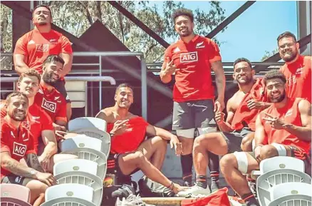  ?? Photo: All Blacks Rugby ?? All Blacks number 8, Ardie Savea (standing second from left) with some members of the team after a training session on September 23, 2021. Savea will captain the side again in their clash against the Sprinbok today.