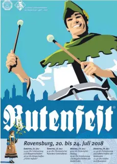  ?? GRAFIK: RAINER WEISHAUPT ?? Die Schützentr­ommler der Ravensburg­er Realschule­n, die 2018 ihr 50jähriges Bestehen feiern, werden das aktuelle Rutenfestm­otiv.