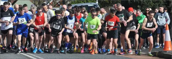  ??  ?? Watches Set, Let’s Go......The start of the Friends of St. Oliver’s 5K. Picture: Ken Finegan