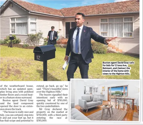  ?? ?? Buxton agent David Gray calls for bids for 12 Iona Ave, Belmont, and (below) the interior of the home with views to the Highton hills.